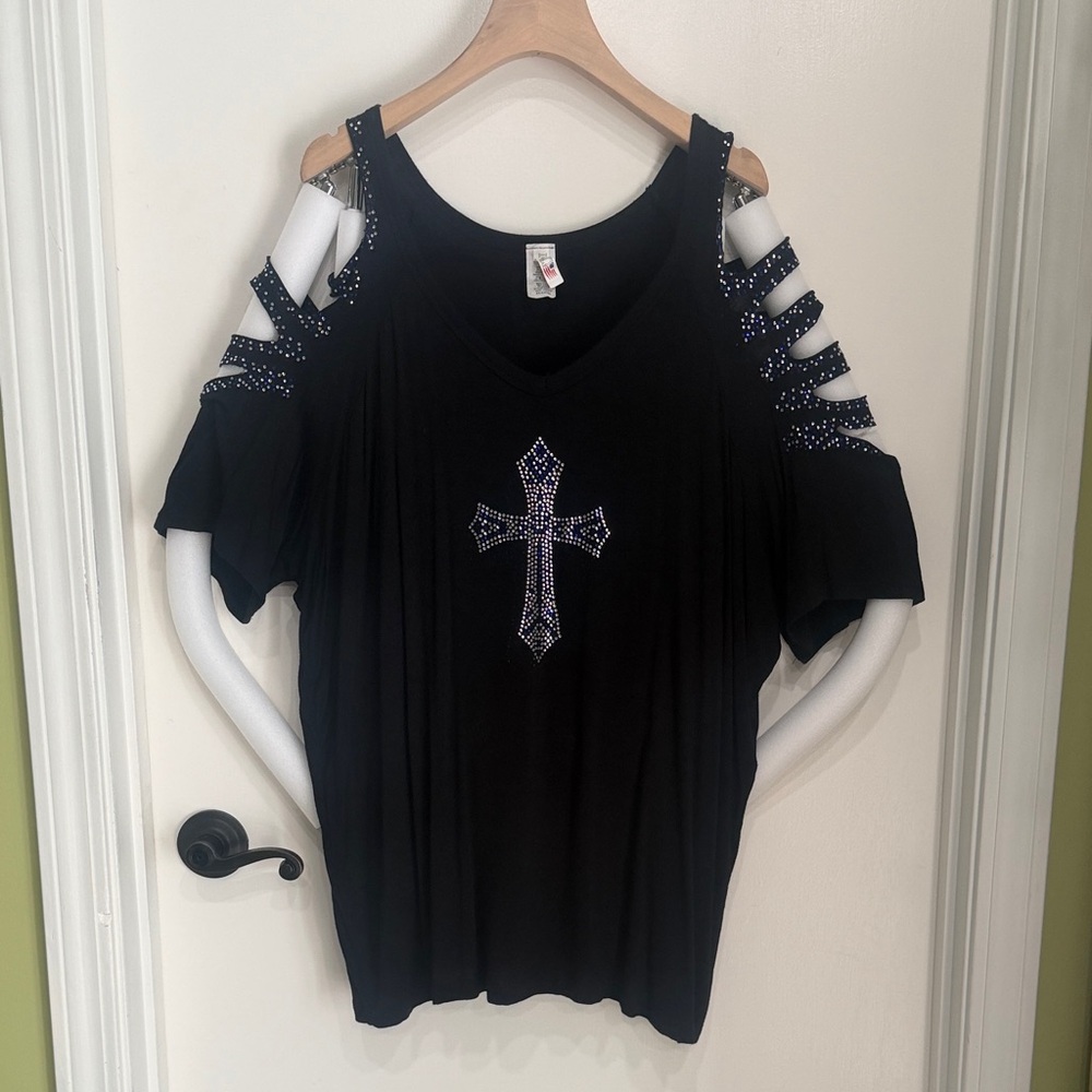 Black Cold-Shoulder Tee with Rhinestone Cross
